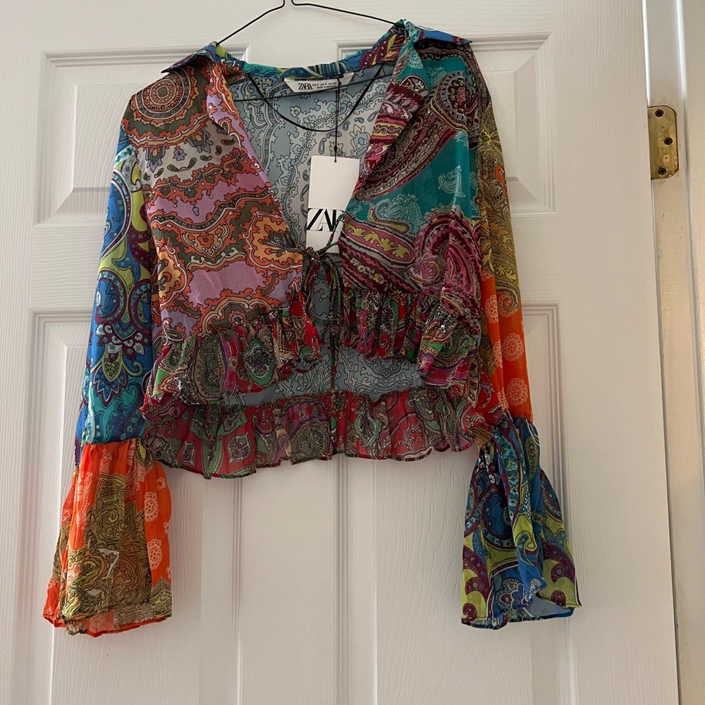 NWT ZARA Semi-Sheer Ruffled Paisley Patchwork Print Tied Blouse